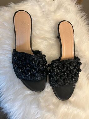 J. Crew Black Beaded Raffia Slide Sandals